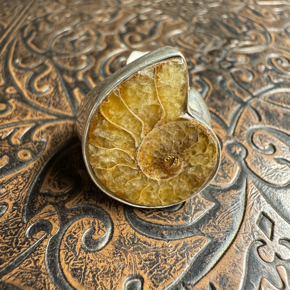 Silver and Yellow Fossil-Inspired Ring